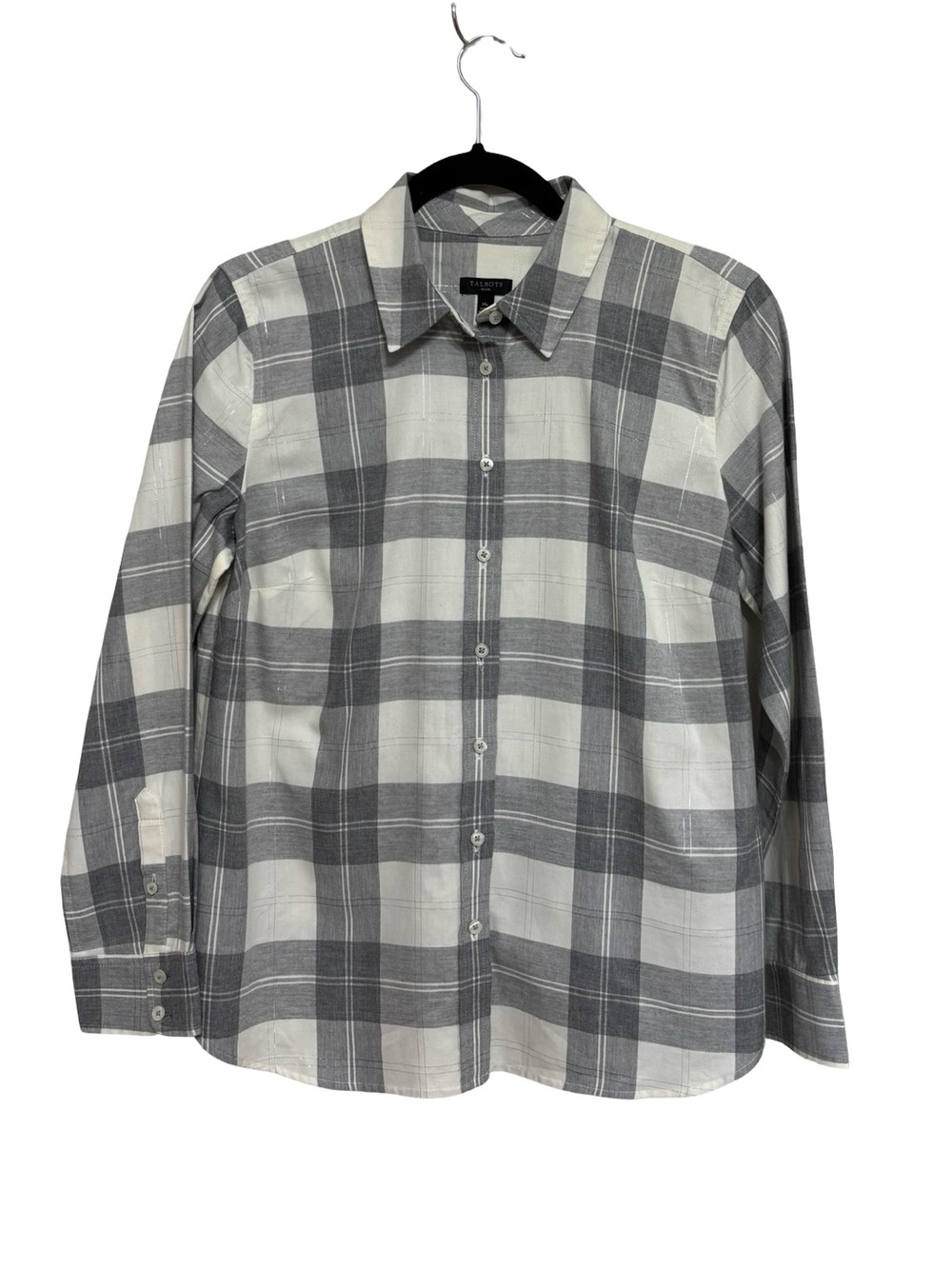Talbots Metallic Plaid Button Down Shirt - Size M Petite